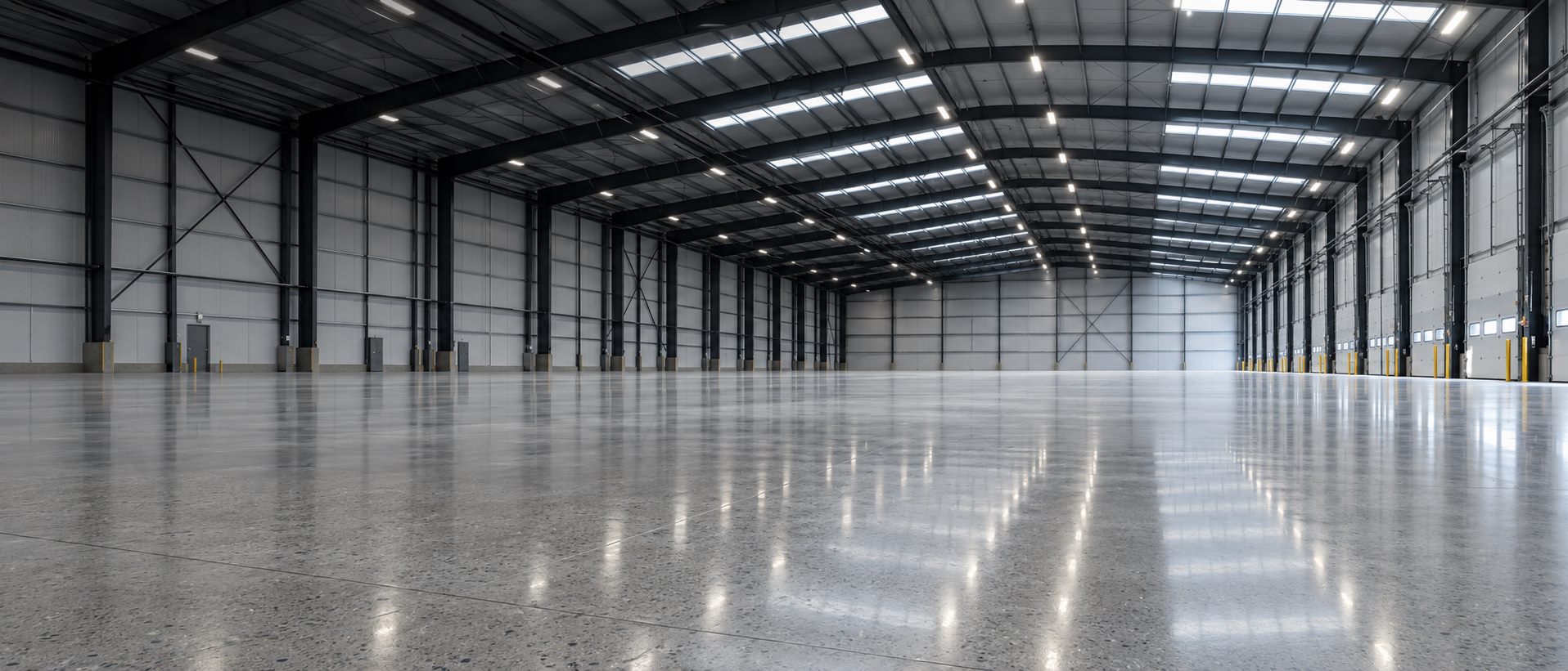 Large industrial warehouse with a newly polished concrete floor